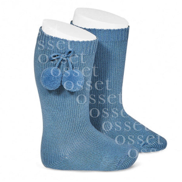 Calcetines Altos Algodón Cálido con Borlas Azul Francia
