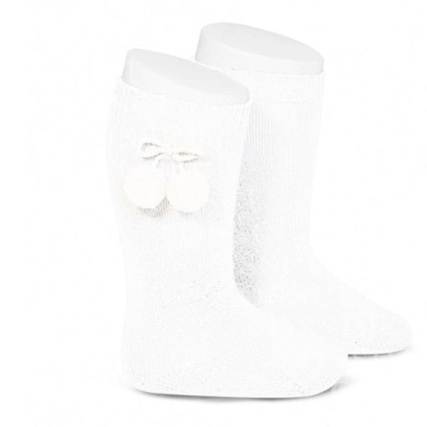 Calcetines Altos Algodón Cálido con Borlas Blanco