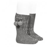 Calcetines Altos Canalé Algodón Cálido con Borlas Gris