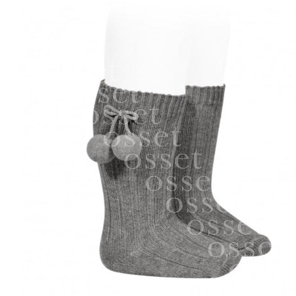 Calcetines Altos Canalé Algodón Cálido con Borlas Gris