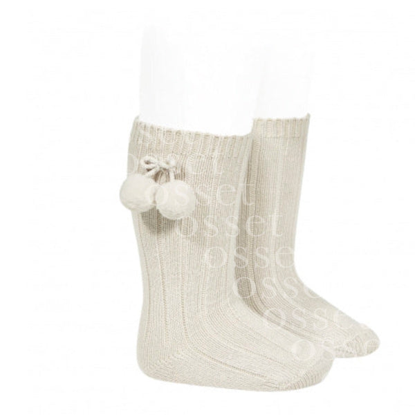 Calcetines Altos Canalé Algodón Cálido con Borlas Lino