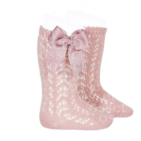 Calcetines Altos Perlé Calados con Lazo Grogén Rosa Palo